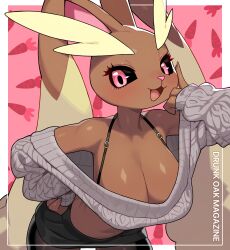 1girl absurdres animal_ears black_sclera breasts cleavage colored_sclera commentary_request dark_skin drunkoak furry furry_female gen_4_pokemon grey_sweater highres korean_commentary large_breasts looking_at_viewer lopunny nintendo open_mouth pink_eyes pokemon pokemon_(creature) rabbit_ears rabbit_girl solo sweater