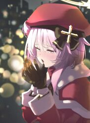1girl beret black_bow black_gloves blue_archive blurry blush bokeh bow brown_gloves capelet christmas coat depth_of_field feather_hair fur-trimmed_capelet fur_trim gloves hair_between_eyes hair_bun halo hat highres long_sleeves matsumoto_yutaka medium_hair official_alternate_costume open_mouth pink_eyes pink_hair red_capelet red_coat santa_costume serina_(blue_archive) serina_(christmas)_(blue_archive) single_side_bun solo upper_body yellow_halo