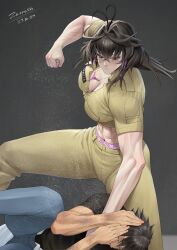 1boy 1girl abs absurdres antenna_hair artist_name black_hair black_shirt blue_pants blush breast_pocket breasts brown_pants brown_shirt bruise bruise_on_arm cleavage clenched_hand closed_mouth clothes_writing commentary crop_top cropped_shirt dated earrings english_commentary floating_hair grey_background grey_eyes hair_ears highres hoop_earrings injury jewelry large_breasts long_hair looking_at_another looking_down lying midriff muscular muscular_female muscular_male name_tag navel on_side original panties pants panty_peek pink_panties pocket punching reverse_ryona shirt short_sleeves sports_panties thighs underwear underwear_writing veins veiny_arms violence zaenathi