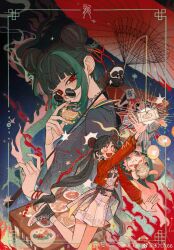 +_+ 2girls :d arm_up banknote black_footwear black_hair blue_background blue_shirt blunt_bangs border cat changmingsuo changmingsuo_(guilongchao) double_bun dragon dress earrings eastern_dragon fishing_rod food foot_out_of_frame from_side green_hair guang_(guilongchao) guilongchao hair_bun hair_ribbon highres holding holding_fishing_rod holding_jewelry holding_necklace jacket jewelry leg_up long_hair long_sidelocks long_sleeves looking_at_viewer looking_over_eyewear money multicolored_hair multiple_girls neck_tattoo necklace oil-paper_umbrella open_mouth ornate_border panda plate reaching red_eyes red_jacket red_ribbon red_umbrella ribbon seal_script shirt shoes short_dress short_hair shuiliuliu sidelocks smile sneakers socks standing standing_on_one_leg streaked_hair sunglasses table tattoo twintails umbrella umbrella_over_shoulder upper_body very_long_hair watermark weibo_watermark white_dress white_ribbon white_socks yellow_eyes