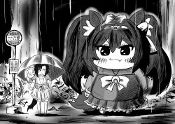 3girls absurdres air_shakur_(umamusume) alternate_size animal_ears bow bowtie bus_stop carrying commentary_request daigorou_(42036928) daiwa_scarlet_(umamusume) eyebrow_piercing fang frilled_skirt frills fusion giant giantess greyscale hair_between_eyes hair_intakes hairband haru_urara_(umamusume) highres holding holding_umbrella horse_ears horse_girl horse_tail leaf leaf_on_head long_hair long_sleeves monochrome multiple_girls piercing piggyback pleated_skirt puffy_short_sleeves puffy_sleeves rain sailor_collar sailor_shirt scene_reference school_uniform sharp_teeth shirt short_sleeves skin_fang skirt summer_uniform tail teeth tonari_no_totoro totoro totoro_bus_stop tracen_school_uniform translation_request twintails umamusume umbrella winter_uniform