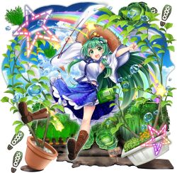 1girl :d adapted_costume antenna_hair armpits blue_sky blush_stickers boots breasts brown_boots brown_hat bug_cage cabbage carrot chest_sarashi cloud danmaku day detached_sleeves flower flower_pot food footprints frilled_skirt frills frog_hair_ornament full_body game_cg gohei green_eyes green_hair hair_ornament hair_tubes hat highres holding holding_gohei kochiya_sanae large_breasts long_hair looking_at_viewer official_art open_mouth outdoors plant potted_plant rainbow rotte_(1109) sarashi shirt single_hair_tube skirt sky smile snake_hair_ornament solo spring_onion star_(symbol) straw_hat third-party_source touhou touhou_lostword translated transparent_background v-shaped_eyebrows vegetable very_long_hair water_drop white_shirt