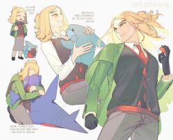1boy black_gloves blonde_hair collared_shirt commentary_request gabite gen_4_pokemon gible gloves green_jacket hand_up hassel_(pokemon) highres holding holding_poke_ball holding_pokemon hug jacket korean_text looking_to_the_side male_focus multiple_views necktie nintendo open_clothes open_jacket pants parted_bangs poke_ball poke_ball_(basic) pokemon pokemon_(creature) pokemon_sv ponytail red_necktie rumong shirt standing translation_request vest white_background white_shirt