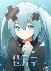 1girl absurdres aqua_eyes aqua_hair batsu_miku grey_jacket hair_between_eyes hair_ornament hatsune_miku highres jacket kowareta_sekai_to_utaenai_miku long_hair long_sleeves looking_at_viewer ltg_long open_mouth project_sekai solo turtleneck turtleneck_jacket twintails very_long_hair vocaloid wide_sleeves x_hair_ornament