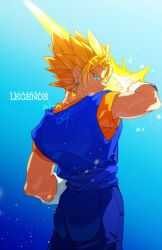 Rule 34 | 1boy, aqua eyes, blonde hair, copyright name, dated commentary, dougi, dragon ball, dragon ball legends, dragonball z, earrings, energy sword, from behind, gamubanku, gloves, incoming attack, jewelry, light particles, looking at viewer, looking back, male focus, muscular, muscular male, parted bangs, potara earrings, short hair, short sleeves, smirk, solo, spiked hair, super saiyan, super saiyan 1, sword, twitter username, vegetto, weapon, white gloves