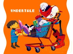 1other 2boys =_= blue_jacket blue_shorts boots brothers brown_hair cape child chips_(food) closed_eyes colored_skin copyright_name food frisk_(undertale) full_body grin highres holding holding_food in_shopping_cart jacket kanianoreki lying multiple_boys on_back orange_background papyrus_(undertale) pillarboxed red_boots red_cape sans_(undertale) shopping_cart short_hair shorts siblings slippers smile standing undertale watermark white_skin yellow_skin