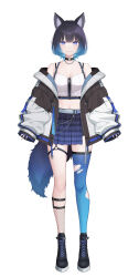 1girl animal_ear_fluff animal_ears asymmetrical_legwear bare_shoulders black_boots black_choker black_hair black_jacket blue_hair blue_skirt blue_thighhighs boots breasts choker cleavage closed_mouth collarbone commentary_request fishnet_socks fishnets fox_ears fox_girl fox_tail full_body gradient_hair highres indie_virtual_youtuber jacket lace-up_boots long_sleeves looking_at_viewer midriff mismatched_legwear multicolored_hair navel off_shoulder open_clothes open_jacket plaid_clothes plaid_skirt pleated_skirt purple_eyes seiyuu_pani shiba_0 short_hair simple_background single_sock single_thighhigh skirt sleeves_past_wrists smile socks solo standing straight-on tail thigh_strap thighhighs torn_clothes torn_thighhighs virtual_youtuber white_background