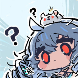 1girl ? ahoge blue_hair chibi chibi_only chinese_commentary chinese_text closed_mouth cui_pi_zha_xia_qiu dot_mouth girls&#039;_frontline girls&#039;_frontline_neural_cloud helix_(neural_cloud) looking_at_viewer official_art rabbit red_eyes second-party_source solo surprised twintails
