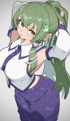 1girl alternate_hairstyle armpits bare_shoulders blue_skirt blush breasts collared_shirt commentary delta_delta detached_sleeves frog_hair_ornament from_above green_eyes green_hair grey_background hair_between_eyes hair_ornament hair_tubes highres kochiya_sanae large_breasts long_hair looking_at_viewer open_mouth ponytail shirt single_hair_tube skirt snake_hair_ornament solo touhou tying_hair white_shirt