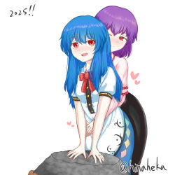 Rule 34 | 2025, 2girls, black skirt, blue hair, blue skirt, bow, bowtie, capelet, commentary request, frilled capelet, frills, grabbing from behind, high-waist skirt, highres, hinaheka, hinanawi tenshi, kaname-ishi, long hair, looking at viewer, multiple girls, nagae iku, no headwear, one eye closed, open mouth, purple hair, rainbow order, red bow, red bowtie, red eyes, short hair, short sleeves, skirt, touhou, twitter username
