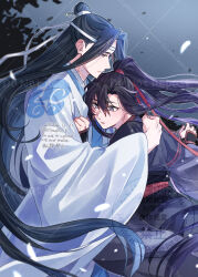 Rule 34 | 2boys, bishounen, black hair, black hanfu, blush, chinese clothes, closed mouth, couple, dated, falling petals, floating hair, grey eyes, hair between eyes, hair ribbon, hanfu, headband, height difference, high ponytail, highres, hug, kimako (kimako 8), lan wangji, leaf, long hair, long sleeves, looking at another, male focus, modao zushi, multiple boys, night, parted lips, petals, ponytail, red ribbon, ribbon, robe, sash, sidelocks, sleeves past wrists, topknot, tree, twitter username, very long hair, watermark, wei wuxian, white hanfu, white headband, wide sleeves, wind, xiao guan (headdress), yaoi, yellow eyes