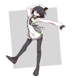 Rule 34 | 1girl, absurdres, arms up, black eyes, black hair, black necktie, black pantyhose, black shoes, bob cut, collared dress, commentary request, dress, empty eyes, grey background, hair between eyes, highres, long sleeves, looking at viewer, manimani (mani ma), monogatari (series), necktie, oshino ougi, pale skin, pantyhose, shoes, short hair, sleeves past fingers, sleeves past wrists, solo, standing, white dress