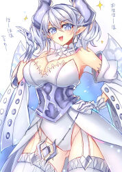 bare_shoulders breasts cleavage demon_girl demon_horns demon_wings dress drill_hair duel_monster earrings gloves grey_eyes grey_hair hand_on_own_hip horns jewelry kanemitsu411 large_breasts leotard lovely_labrynth_of_the_silver_castle pointy_ears strapless strapless_leotard translation_request twin_drills white_dress white_gloves white_leotard wings yu-gi-oh!