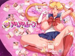 1girl aftersex aino_minako armpits arms_up bed bishoujo_senshi_sailor_moon blonde_hair blue_eyes blush boots breasts censored condom cum cum_on_body cum_on_lower_body dildo elbow_gloves gloves hino_rei huge_breasts kino_makoto legs long_hair looking_at_viewer lying mario_(mario_portal) mizuno_ami nipples no_panties open_mouth photo_(object) sailor_jupiter sailor_mars sailor_mercury sailor_moon sailor_venus saliva sex_toy skirt smile spread_legs sweat team-tanabe thighs tsukino_usagi twintails used_condom vibrator