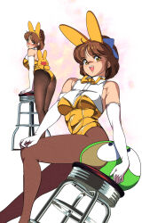 1girl 1other arle_nadja ass bar_stool blue_bow bow bowtie breasts brown_eyes brown_hair brown_pantyhose carbuncle_(puyopuyo) chair edoya_inuhachi from_behind gold_leotard highres leaning_on_object leotard looking_at_viewer medium_breasts multiple_views pantyhose playboy_bunny puyo_(puyopuyo) puyopuyo shirt sitting sleeveless sleeveless_shirt stool white_shirt