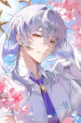 Rule 34 | 1boy, absurdres, alternate costume, bishounen, cherry blossoms, closed mouth, collared shirt, commentary, emong, feathered wings, gloves, hair between eyes, head wings, highres, honkai: star rail, honkai (series), long hair, looking at viewer, male focus, necktie, purple necktie, school uniform, shirt, smile, solo, sunday (honkai: star rail), upper body, white gloves, white hair, white shirt, wings, yellow eyes