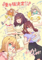 Rule 34 | 5girls, ahoge, arms up, blue eyes, brown eyes, cake, commentary request, confetti, cooking, dress, food, furutachi kurea, green eyes, guest art, hair ornament, hairpin, hibi wa sugiredo meshi umashi, higa tsutsuji, highres, hood, hoodie, hoshi nana, kawai mako, long hair, looking at viewer, medium hair, mokotarou (hibimeshi), multiple girls, official art, ogawa shinon, one side up, open mouth, purple eyes, quro (black river), scrunchie, smile, stuffed animal, stuffed toy, translation request, twintails, v, x hair ornament, yellow background