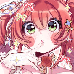absurdres blush circus_baby_(fnaf) dress five_nights_at_freddy&#039;s five_nights_at_freddy&#039;s:_sister_location flower gloves green_eyes hair_ornament hair_ribbon highres icon_(computing) red_hair ribbon rose sparkle star_(symbol) white_dress white_gloves