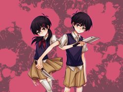 1boy 1girl antenna_hair arm_at_side black_eyes black_sweater_vest blush breasts brown_shorts brown_skirt cleaver closed_mouth collared_shirt cowboy_shot double-parted_bangs frown genderswap genderswap_(mtf) hair_between_eyes hair_ornament hairclip highres holding holding_cleaver holding_knife knife linglanjunying long_hair looking_at_viewer neckerchief omori outline pink_background pink_outline red_neckerchief shirt short_hair short_sleeves shorts simple_background skirt small_breasts standing sunny_(omori) sweater_vest thighhighs white_shirt white_thighhighs zettai_ryouiki