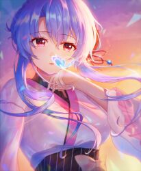 Rule 34 | 1girl, absurdres, blue hair, braid, bug, butterfly, butterfly on hand, commentary, crown braid, evening, flowingcrescent, glowing butterfly, gradient sky, highres, insect, japanese clothes, kimono, long sleeves, obi, parted lips, pink kimono, purple eyes, sash, short hair with long locks, sky, solo, sorakado ao, summer pockets, upper body, wide sleeves