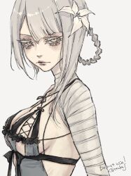 1girl asymmetrical_bangs bandaged_arm bandaged_neck bandages braid braided_hair_rings breasts closed_mouth commentary_request ctnknj eyelashes flower grey_hair hair_flower hair_ornament hair_rings kaine_(nier) large_breasts lingerie looking_at_viewer negligee nier nier_(series) simple_background solo underwear upper_body white_background white_flower