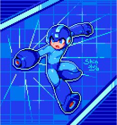 1boy aiming arm_cannon blue_bodysuit blue_boots blue_eyes blue_helmet blue_theme bodysuit boots commentary_request full_body grid_background helmet imminent_attack looking_to_the_side male_focus mega_man_(character) mega_man_(series) open_mouth pixel_art shinku_castle solo weapon