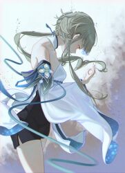 Rule 34 | 1girl, bare shoulders, black shorts, blue eyes, breasts, collar, detached sleeves, dissolving, dress, dust, from side, genshin impact, grey hair, guizhong (genshin impact), hair ornament, hair stick, highres, lazel 1057, light particles, long hair, long sidelocks, looking down, low ponytail, outline, ponytail, red outline, shorts, sidelocks, simple background, small breasts, standing, starry sky print, very long hair, white background, white dress, white sleeves, wide sleeves