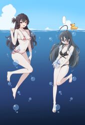 Rule 34 | ..., 2girls, :d, ahoge, air bubble, barefoot, bikini, black bikini, black choker, black hair, blue sky, blush, breasts, bubble, bygin, chinese text, choker, cleavage, cloud, collarbone, commentary request, day, hair between eyes, highres, kimishima ayano, legs, long hair, looking at viewer, medium breasts, multiple girls, navel, ocean, open mouth, outdoors, partially submerged, partially underwater shot, rubber duck, side-tie bikini bottom, sky, smile, spoken ellipsis, standing, standing on one leg, submerged, suou yuki, swimming, swimsuit, thighs, toes, tokidoki bosotto roshia-go de dereru tonari no alya-san