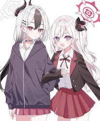 2girls black_hair black_horns black_jacket blue_archive blush closed_mouth collared_shirt commentary_request demon_horns ear_piercing gradient_hair grey_hair hair_ornament hairclip halo hand_in_pocket highres holding_another&#039;s_arm hood hood_down hooded_jacket horns jacket kayoko_(blue_archive) long_hair long_sleeves looking_at_viewer multicolored_hair multiple_girls mutsuki_(blue_archive) neck_ribbon one_side_up open_clothes open_jacket open_mouth piercing pleated_skirt purple_eyes purple_jacket red_eyes red_ribbon red_skirt ribbon school_uniform shirt simple_background skirt standing two-tone_hair ugai0524 white_background white_shirt