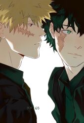 2boys artist_name bakugou_katsuki blonde_hair boku_no_hero_academia closed_mouth formal_clothes freckles from_side green_eyes green_hair hashtag-only_commentary highres ky_69 looking_at_another male_focus midoriya_izuku multiple_boys red_eyes scar scar_on_face short_hair simple_background spiked_hair suit upper_body white_background
