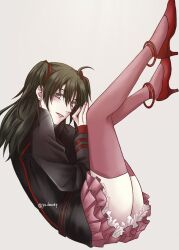 1girl ahoge anklet belt black_order_uniform brown_coat coat d.gray-man earrings feet_against_wall green_hair grey_background hair_ribbon high_heels highres jewelry legs lenalee_lee looking_at_viewer medium_hair military military_uniform miniskirt open_mouth pink_skirt pink_thighhighs pleated_skirt purple_eyes red_footwear red_ribbon red_stripes ribbon signature skirt solo striped_coat thighhighs thighs two_side_up yu_chocochip zettai_ryouiki