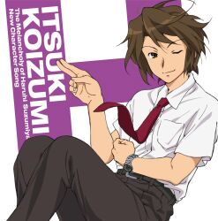 Rule 34 | 1boy, album cover, brown eyes, brown hair, character single, cover, h (letter), highres, kita high school uniform, koizumi itsuki, male focus, necktie, nishiya futoshi, official art, one eye closed, red necktie, school uniform, solo, summer uniform, suzumiya haruhi no yuuutsu, watch, white background, wristwatch