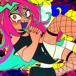 1girl affection_addiction_(synthesizer_v) alt_text bare_shoulders black_choker black_shirt blush blush_stickers choker clothing_cutout commentary crazy_eyes crying dark-skinned_female dark_skin drooling ear_piercing english_commentary eyelashes fishnet_thighhighs fishnets glitch green_hair green_nails highres long_hair looking_at_viewer ministarfruit multicolored_hair nail_polish open_mouth own_hands_clasped own_hands_together piercing pink_eyes pink_hair pink_nails sharp_teeth shirt short_sleeves shorts shoulder_cutout smile solo synthesizer_v teeth thighhighs torn_clothes torn_shirt two-tone_hair upper_teeth_only white_shorts yellow_pupils