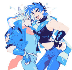 2boys :d bare_shoulders battle_tendency belt black_belt black_gloves black_shirt blonde_hair blue_eyes blue_hair blue_pants blue_shirt caesar_anthonio_zeppeli cowboy_shot crop_top drawn_star facial_mark fang feather_hair_ornament feathers fingerless_gloves gloves gogeyama hair_ornament halftone hand_on_another&#039;s_arm hand_on_another&#039;s_waist hand_on_own_hip headband highres jacket jojo_no_kimyou_na_bouken joseph_joestar male_focus midriff multicolored_scarf multiple_boys navel open_mouth orange_scarf palmar_flexion pants scarf shirt short_hair smile star_(symbol) striped_clothes striped_scarf tight_top triangle_print turtleneck white_background yaoi