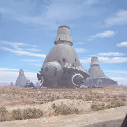 abandoned cable cloud desert dilapidated highres military_vehicle no_humans official_art outdoors plant science_fiction simon_stalenhag the_electric_state