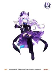 +_+ 1girl back_bow bare_shoulders black_boots black_bow black_dress black_sleeves blue_bow blue_bowtie blue_eyes blue_tail boots bow bowtie bracelet brooch closed_mouth company_logo copyright_name copyright_notice crescent demon_girl demon_tail detached_sleeves dot_nose dress elsword eyelashes feather_hair_ornament feathers fingernails floating_hair footwear_bow frilled_dress frilled_sleeves frills full_body game_cg gradient_boots gradient_clothes gradient_dress hair_between_eyes hair_ornament hand_on_own_hip hand_up happy high_ponytail hwansang jewelry logo long_hair loose_hair_strand luciela_r._sourcream magical_girl official_alternate_costume official_art petite pointy_ears ponytail ponytail_with_braided_base purple_boots purple_dress purple_hair second-party_source side_slit sleeveless sleeveless_dress smile solo sparkling_eyes star_(symbol) tail thigh_boots transparent_background very_long_hair