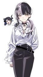 2girls absurdres alternate_costume arm_behind_back belt black_belt black_choker black_hair black_nails black_pants blunt_bangs breasts center_frills choker cleavage cowboy_shot frilled_shirt frills hair_behind_ear hair_ornament high-waist_pants highres hololive hololive_english jewelry looking_at_viewer multicolored_hair multiple_girls nerissa_ravencroft pants ring shiori_novella shirt shirt_tucked_in simple_background solo_focus split-color_hair straight-on white_background white_hair white_shirt yellow_eyes yomosaka yorick_(shiori_novella)