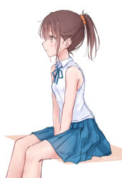 1girl blue_ribbon blue_skirt blush bow brown_eyes brown_hair collared_shirt hair_between_eyes hair_ornament highres kutatsu_(kutatsu7) long_hair original pleated_skirt ponytail ribbon school_uniform shirt simple_background sitting skirt sleeveless solo white_shirt