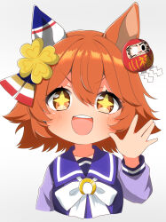 +_+ 1girl absurdres animal_ears bow clover_hair_ornament commentary_request ear_covers flipped_hair four-leaf_clover_hair_ornament full_armor_narumi hair_between_eyes hair_ornament highres horse_ears horse_girl long_sleeves matikanefukukitaru_(umamusume) open_mouth orange_hair purple_serafuku purple_shirt sailor_collar school_uniform serafuku shirt short_hair simple_background single_ear_cover smile solo teeth tracen_school_uniform umamusume upper_body upper_teeth_only waving white_background white_bow winter_uniform yellow_eyes
