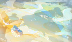 1girl absurdres alternate_costume blonde_hair blue_hat cartethyia_(wuthering_waves) commentary_request dress from_above goat grass hat highres huqu_(huqu45712) long_dress long_hair outdoors shadow solo very_long_hair white_dress wuthering_waves