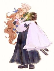 1boy 1girl aerith_gainsborough aerith_gainsborough_(prism_dress) armor black_boots black_gloves black_hakama blonde_hair blue_flower blue_ribbon blue_rose boots carrying closed_eyes cloud_strife cloud_strife_(murasame) detached_sleeves dress dress_flower final_fantasy final_fantasy_vii final_fantasy_vii_ever_crisis flower full_body gloves glowing glowing_hand gold_trim hair_between_eyes hair_flower hair_ornament hair_ribbon hakama hand_on_another&#039;s_chest highres japanese_armor japanese_clothes long_dress long_hair low_ponytail mmariesr multiple_swords official_alternate_costume parted_bangs ponytail princess_carry ribbon rose short_hair shoulder_armor sidelocks single_bare_shoulder smile spiked_hair wavy_hair white_background white_dress