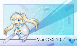 Rule 34 | 1girl, animal ears, apple inc., armored boots, blonde hair, blue eyes, boots, cable, cable tail, chibi, chibi only, commentary request, crown, holding, holding shield, holding sword, holding weapon, leotard, lion-tan, lion ears, lion girl, long hair, looking at viewer, mechanical tail, original, os-tan, personification, sato (esuplusesu), shield, sidelocks, solo, sword, tail, twintails, very long hair, weapon, white leotard