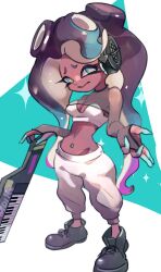 1girl black_hair black_shoes blue_eyes blue_hair blue_skin bra breasts cephalopod_eyes cleavage closed_mouth colored_skin dark-skinned_female dark_skin furrowed_brow groin headphones highres horizontal_pupils instrument keytar koike3582 legs_apart light_blue_hair long_hair marina_(splatoon) marina_(springfest)_(splatoon) medium_breasts multicolored_hair multicolored_skin navel_piercing nintendo octoling official_alternate_costume orange_pupils pants piercing purple_hair shoes smile solo splatoon_(series) splatoon_3 standing strapless strapless_bra suction_cups sweatpants tentacle_hair two-tone_skin underwear very_long_hair white_bra white_pants