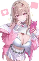 1girl absurdres bare_shoulders blonde_hair blush breasts brown_hair cleavage collar crop_top fishnet_pantyhose fishnets goddess_of_victory:_nikke hair_ornament heart_pendant highres holding horns iridescent jacket large_breasts long_hair looking_at_viewer mask_pull midriff mole mole_under_eye open_clothes open_jacket open_mouth pantyhose phone pink_eyes pink_horns pink_jacket pleated_skirt red_eyes shiny_skirt skirt smile solo thighs viper_(nikke) white_mask yamu_(yamu_030)