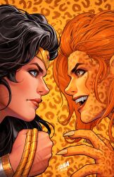 2girls animal_print black_hair blue_eyes brown_eyes cheetah_(dc) david_nakayama dc_comics highres holding_lasso initial lasso lasso_of_truth leopard_print long_hair looking_at_another multiple_girls open_mouth orange_hair print_background red_lips teeth tiara upper_teeth_only wonder_woman wonder_woman_(series)