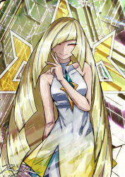 1girl bare_arms bare_shoulders blonde_hair breasts closed_eyes closed_mouth collarbone commentary_request dress eyelashes eyeshadow hair_over_one_eye hand_up highres long_hair lusamine_(pokemon) makeup nintendo pokemon pokemon_sm ray-k sleeveless sleeveless_dress smile solo very_long_hair