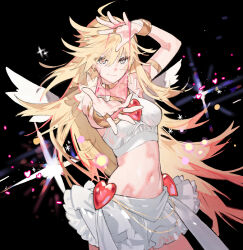 Rule 34 | 1girl, angel, angel wings, black background, blonde hair, bracelet, breasts, closed mouth, colored tips, commentary, cowboy shot, crop top, diffraction spikes, english commentary, gold choker, grey eyes, heart, holding, holding panties, holding underwear, holding unworn clothes, jewelry, long hair, looking at viewer, medium breasts, midriff, multicolored hair, navel, outstretched arm, outstretched hand, panties, panty &amp; stocking with garterbelt, panty (psg), pink hair, pink panties, presenting removed panties, red pupils, ring, simple background, skirt, solo, starshadowmagician, tank top, underwear, unworn panties, very long hair, white skirt, white tank top, white wings, wings