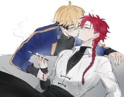 Rule 34 | 2boys, black hair, black pants, black shirt, blonde hair, blue jacket, blush, bracelet, braid, braided ponytail, chinese clothes, chinese knot, collared shirt, couch, earrings, hair between eyes, highres, holding, holding another&#039;s wrist, holding smoking pipe, imminent kiss, jacket, jewelry, kiss, long hair, long sleeves, looking at another, male focus, multicolored hair, multiple boys, necklace, on couch, pants, ping999ms1, red eyes, red hair, shiguang dailiren, shirt, short hair, simple background, single braid, sitting, sketch, sleeves past wrists, smoke, smoking, smoking pipe, tassel, tassel earrings, turtleneck, white background, white shirt, xia fei, xiao weiying, yaoi, yellow eyes