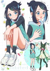 1girl :d artist_name black_hair black_shirt black_socks blue_eyes blue_hair blue_hoodie closed_eyes closed_mouth colored_inner_hair commentary_request flower flying_sweatdrops grid_background hair_ornament hairclip highres hood hood_down hoodie liko_(pokemon) looking_at_viewer meowscarada multicolored_hair multiple_views nintendo oka_3776 open_mouth pokemon pokemon_(anime) pokemon_(creature) pokemon_horizons shirt shoes shorts sleeveless sleeveless_hoodie smile socks sweatdrop two-tone_hair white_shoes white_shorts