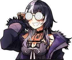 1girl adjusting_eyewear black_arm_warmers black_choker black_coat black_dress black_hair breasts choker cleavage coat coke-bottle_glasses ddolbang dress glasses grey_hair grin hololive hololive_english large_breasts multicolored_hair ribbon shiori_novella shiori_novella_(1st_costume) smile solo split-color_hair teeth transparent_background two-tone_hair virtual_youtuber white_ribbon